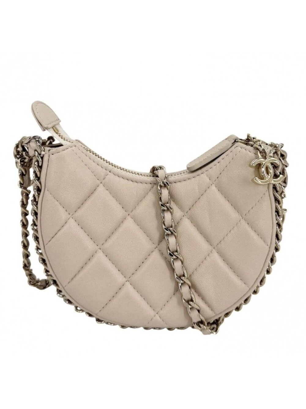 Chanel Shoulder Bag Mini Hobo CC Logo Crossbody Quilted Pochette Lambskin Beige